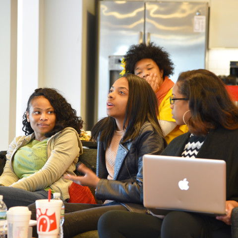 Nashirah Felder, IHHE student, asks legal question to panel. 
(from left to right) 
Kyree Holmes, Nashirah Felder and Kiyla Armstead